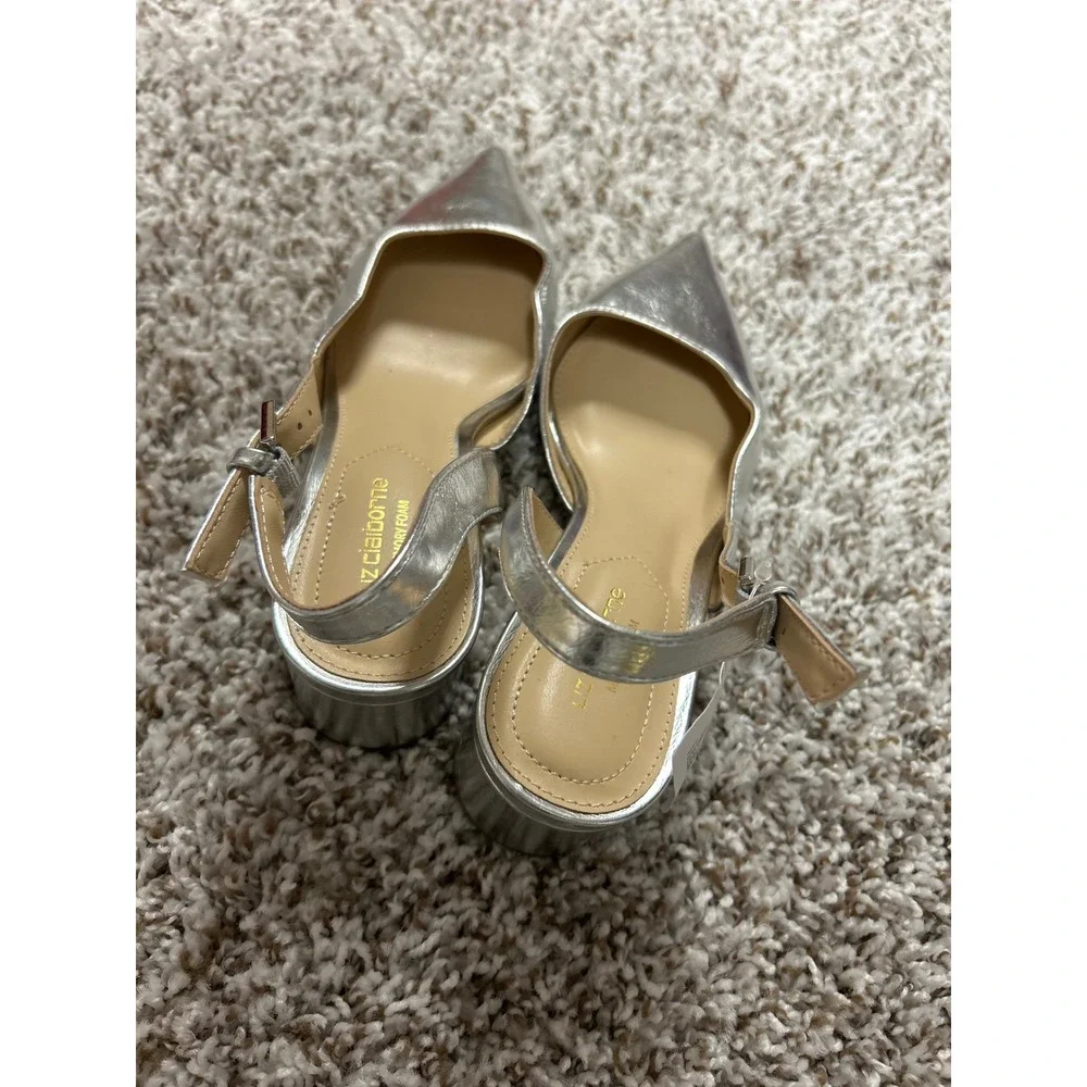Liz Claiborne Womens Silver Metallic Slingback Block Heel Pointed Toe Pumps 6M